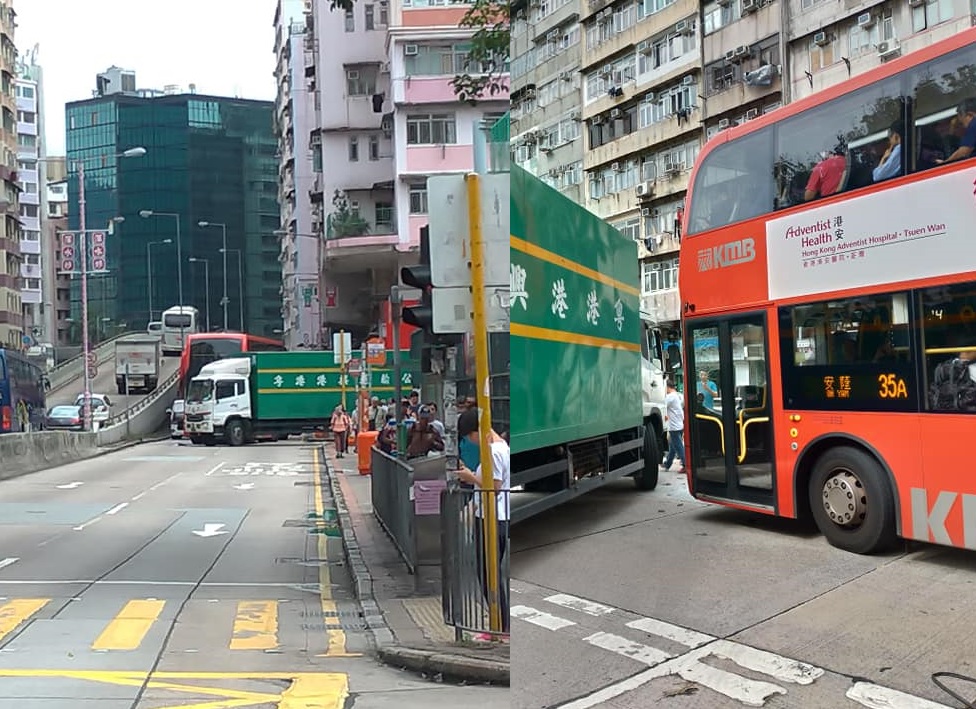 巴士駛至楓樹街街口時,與一輛貨車相撞。網民Tam Chung Chak/ fb群組「香港突發事故報料區」