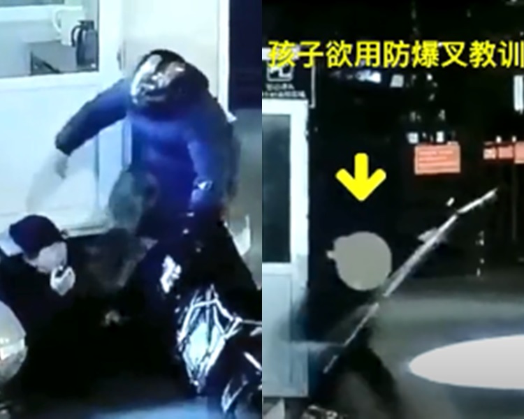 男童目睹媽媽被撞,憤而拿起鋼叉回擊。影片截圖