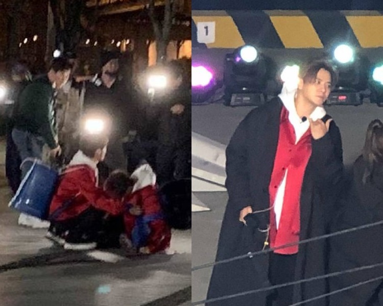 小豬他跌倒後坐在地上一臉痛苦,有份出演的張藝興在旁陪伴。微博圖片
