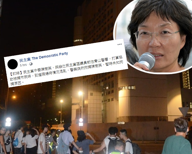 數百人一度在青山警署外聚集,聲援被捕人士。小圖為陳樹英及民主黨FB貼文。