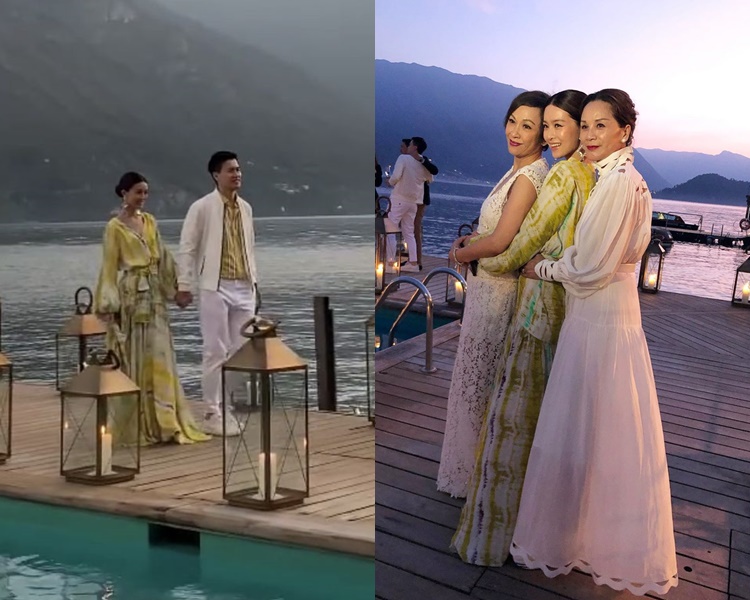 JM與老公在湖邊舉行迎賓派對,余安安與文媽媽跟她擁在一起連成一線。(ig圖片)