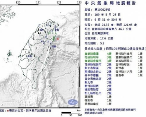 台灣東部海域發生5.2級地震