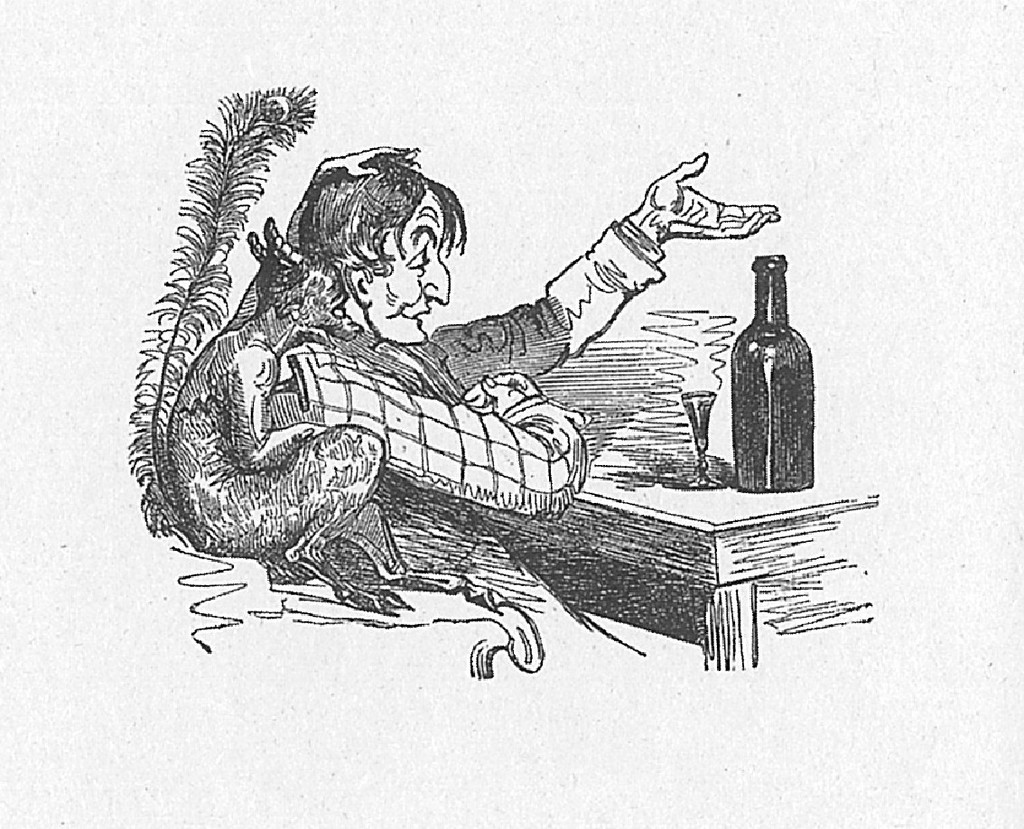 ﻿■書中記錄了不少黑白漫畫，圖為1842年的作品，一名男子似被「酒神」操縱嘗酒。