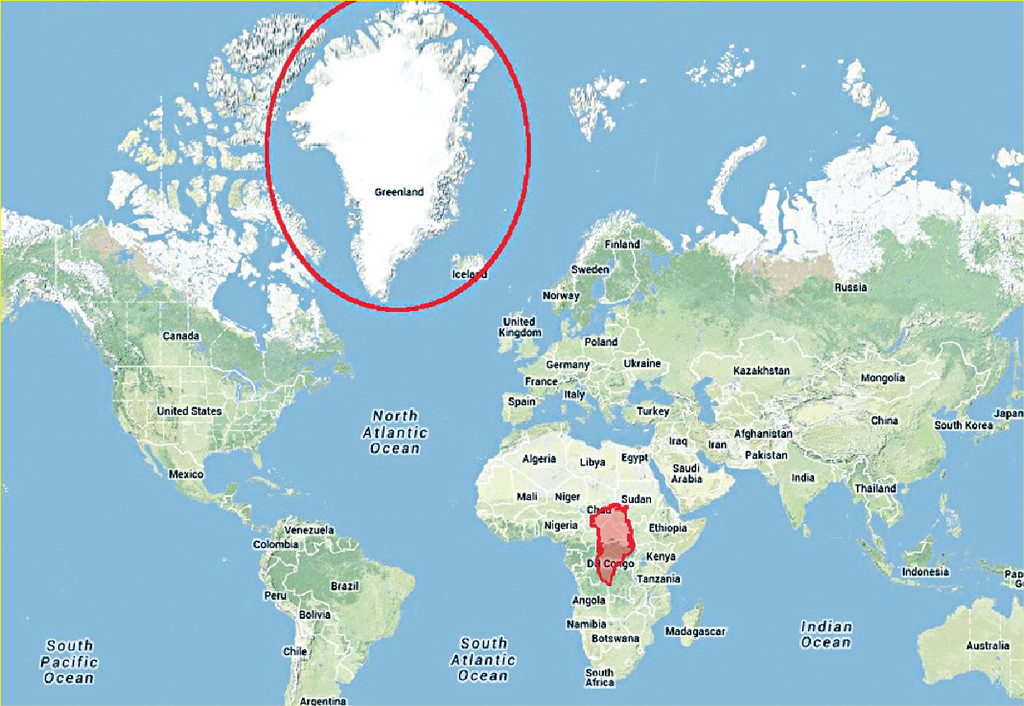 ■紅色部份是格陵蘭與非洲大陸實際面積比較。p/　　