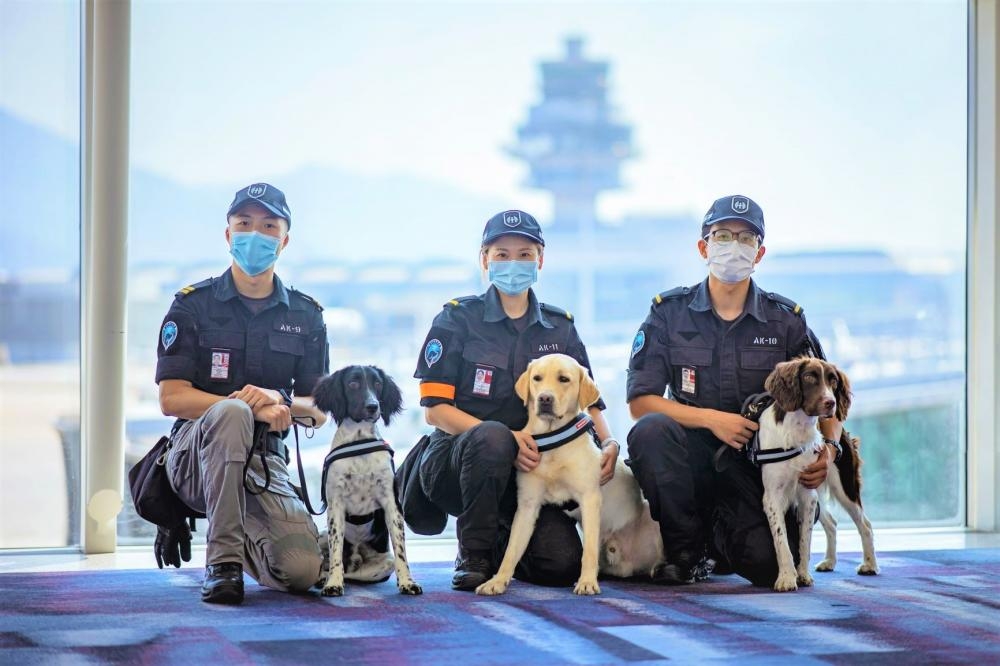 ■剛畢業的搜索犬（左起）Issac、Hugo及Kobe，以及其領犬員Alex、Michelle及Hong。