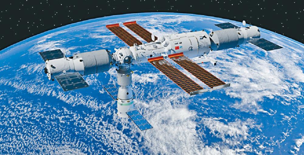 ■中國太空站在軌建造模擬圖。
