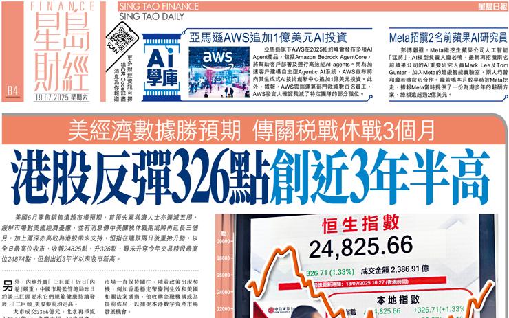 港股反彈326點創近3年半高 美經濟數據勝預期 傳關稅戰休戰3個月