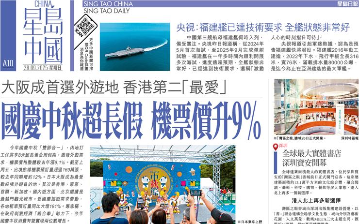 國慶中秋超長假 機票價升9% 大阪成首選外遊地 香港第二「最愛」