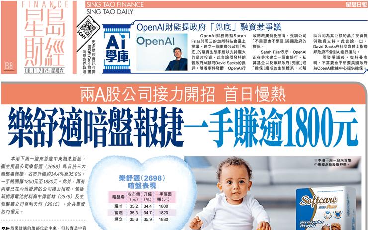 樂舒適暗盤報捷一手賺逾1800元 兩A股公司接力開招首日慢熱