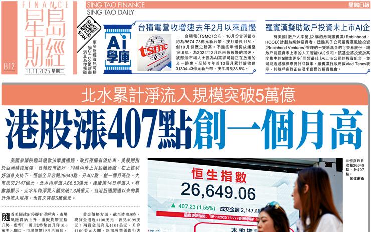 港股漲407點創一個月高 北水累計淨流入規模突破5萬億