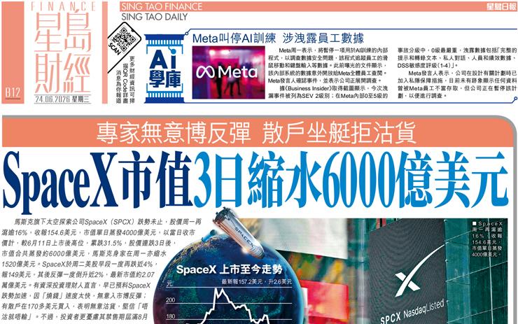 SpaceX市值3日縮水6000億美元 專家無意博反彈散戶坐艇拒沽貨