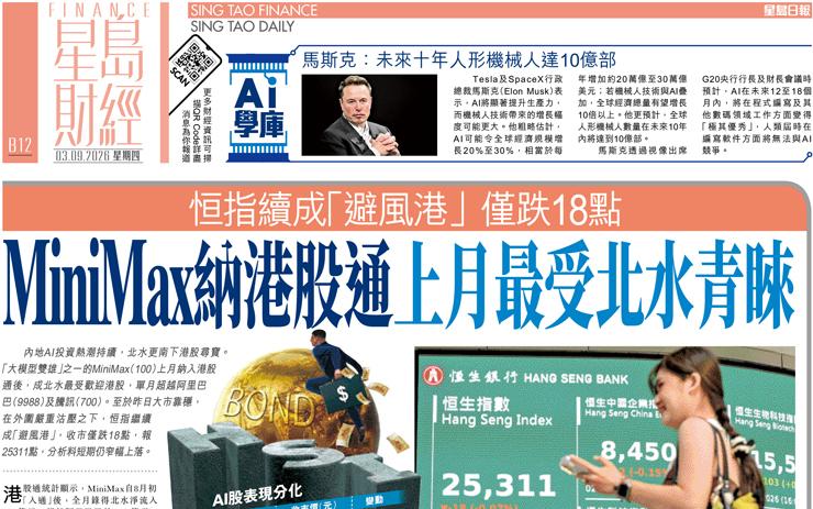 MiniMax納港股通上月最受北水青睞 恒指續成「避風港」僅跌18點