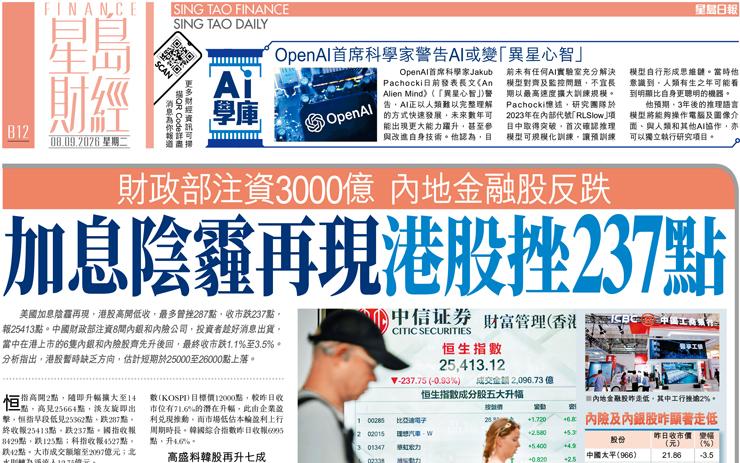 加息陰霾再現港股挫237點 財政部注資3000億內地金融股反跌