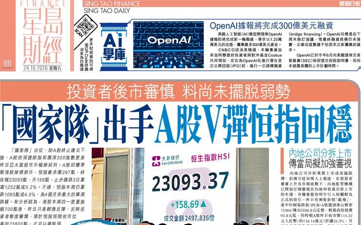 「國家隊」出手A股V彈恒指回穩 投資者後市審慎料尚未擺脫弱勢
